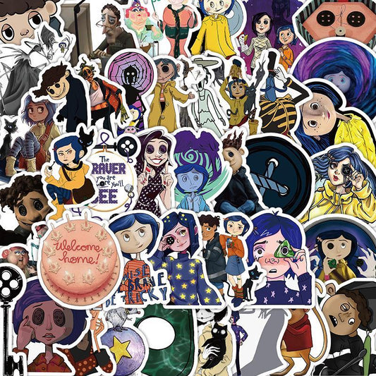 Anime Coraline Graffiti Stickers 53Pcs/Pack Self Adhesive Decorative Stickers, DIY Decals for Water Bottle, Phone Case, Scrapbooking, Journal Making