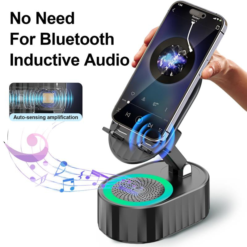 AKLLCCR 5In1 Wireless Speaker Cell Phone Stand with Bluetooth/Induction Audio & Atmosphere Light/Power Bank, 5.3 HD Surround Subwoofer Sound,300° Rotable Foldable Lift-Non-Slip Base, Fits Smart Phones