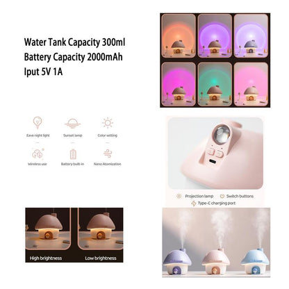 Cute Mushroom House Design Humidifier, USB Rechargeable Air Humidifier with 300ML Water Tank Capacity, Desktop Air Humidifier for Home Office Bedroom