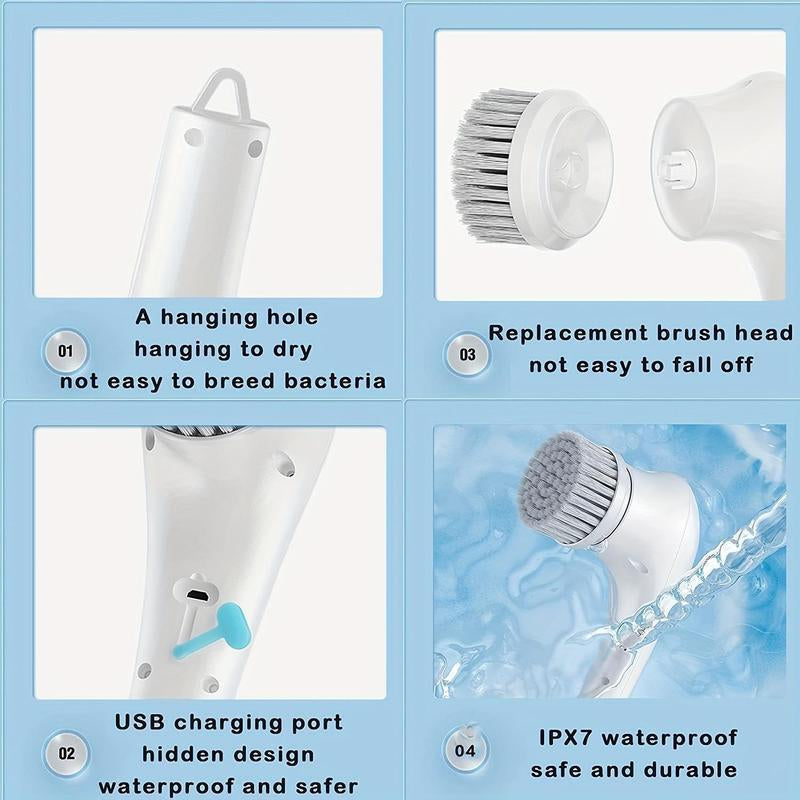 USB Rechargeable Electric Spin Scrubber, 1 Count Handheld Electric Cleaning Brush with 5 Replacement Brush Heads, Household Cleaning Tool for Bathroom, Kitchen