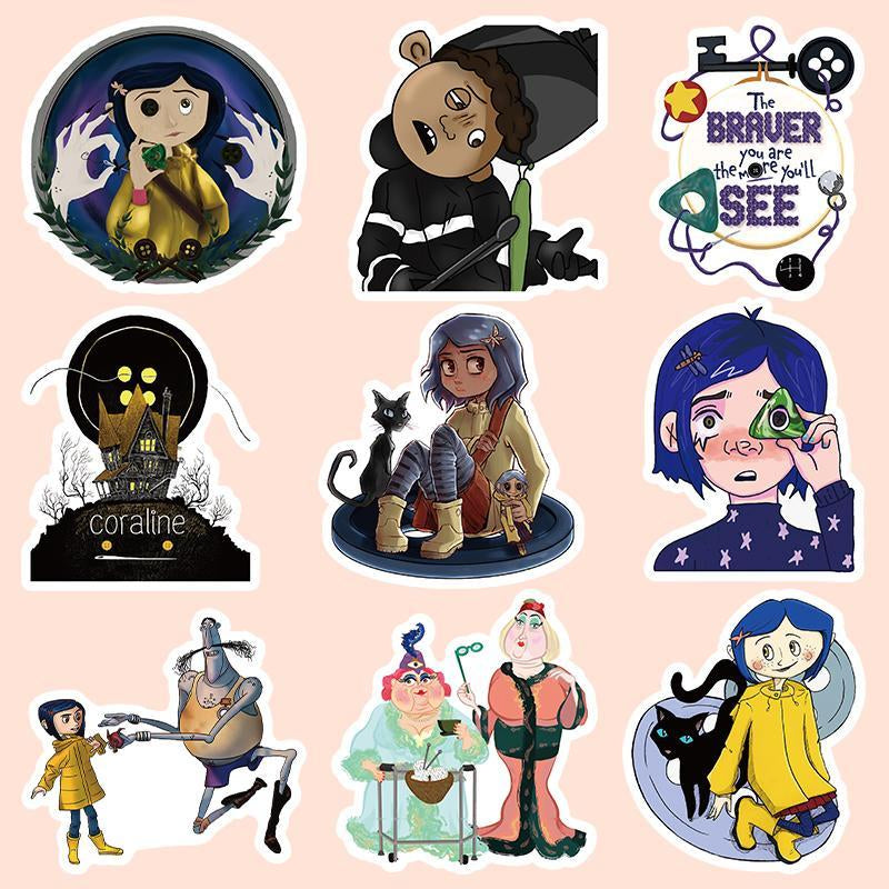 Anime Coraline Graffiti Stickers 53Pcs/Pack Self Adhesive Decorative Stickers, DIY Decals for Water Bottle, Phone Case, Scrapbooking, Journal Making