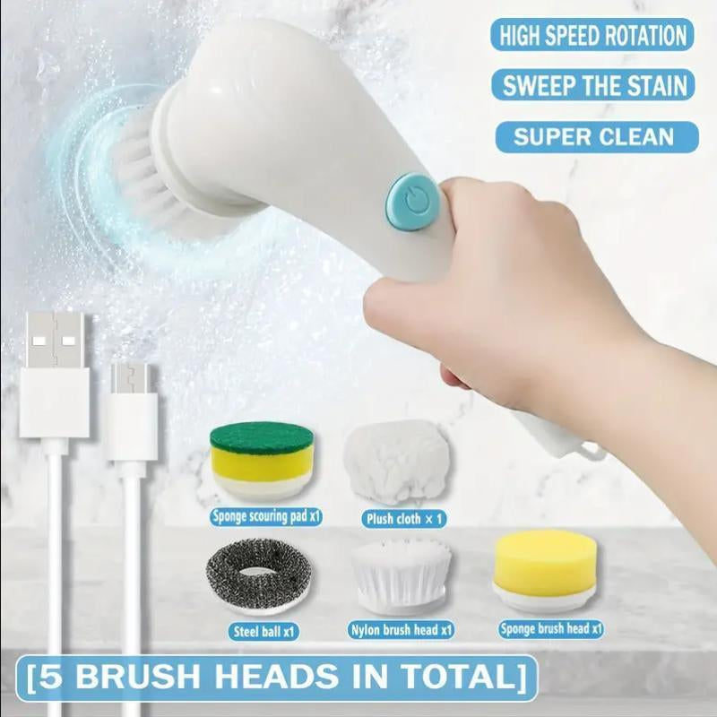 USB Rechargeable Electric Spin Scrubber, 1 Count Handheld Electric Cleaning Brush with 5 Replacement Brush Heads, Household Cleaning Tool for Bathroom, Kitchen