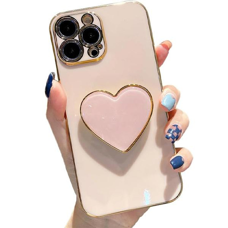 Cute Case for Iphone 15 Pro Max 6.7'', Phone Case with Heart Holder Stand Kickstand Soft TPU Shockproof Protective Cover, Luxury Plating Bumper Case for Girls Women (Pink)