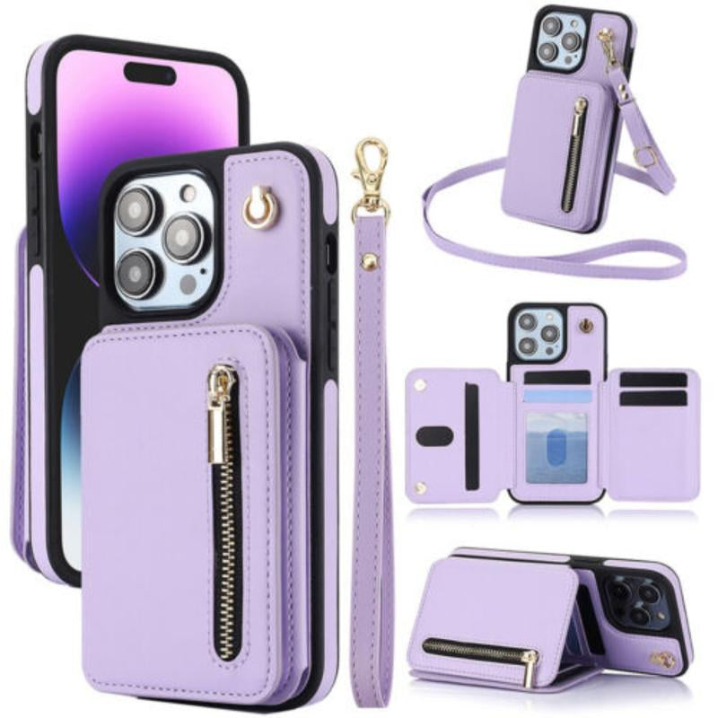 [Free Shipping] Crossbody Wallet Case for Iphone 16 15 14 13 12 11 Pro Max, Flip Kickstand Case with RFID Blocking Card Slots Holder, Zipper Handbag Phone Case