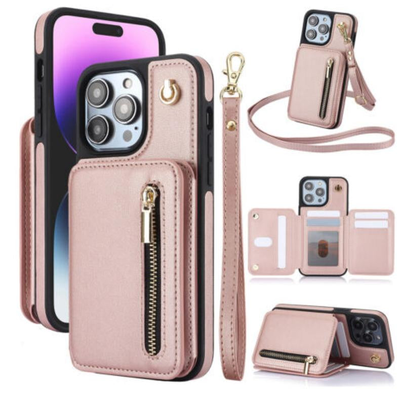 [Free Shipping] Crossbody Wallet Case for Iphone 16 15 14 13 12 11 Pro Max, Flip Kickstand Case with RFID Blocking Card Slots Holder, Zipper Handbag Phone Case