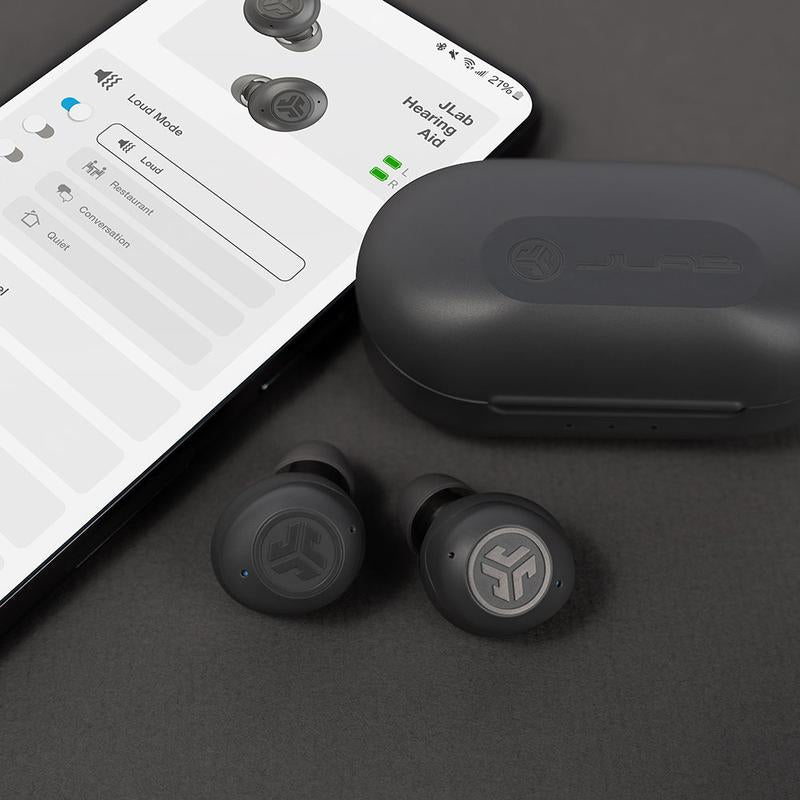 Jlab Hear OTC Hearing Aid & Wireless Earbuds, Earbud Fit, Bluetooth, Ios/Android, 4 Preset Hearing Modes, In-Ear Detect, Built-In Feedback Suppression