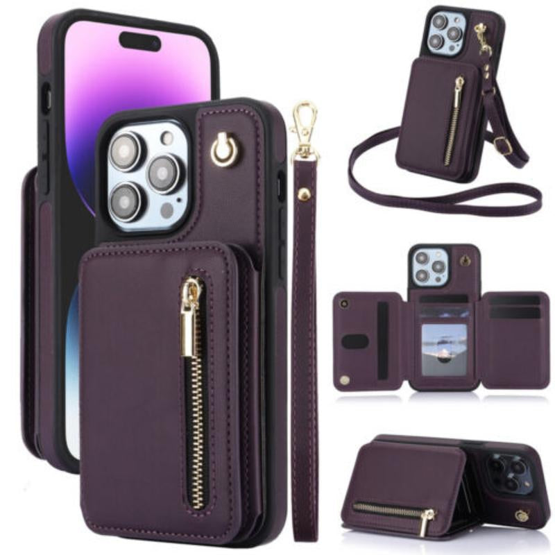 [Free Shipping] Crossbody Wallet Case for Iphone 16 15 14 13 12 11 Pro Max, Flip Kickstand Case with RFID Blocking Card Slots Holder, Zipper Handbag Phone Case