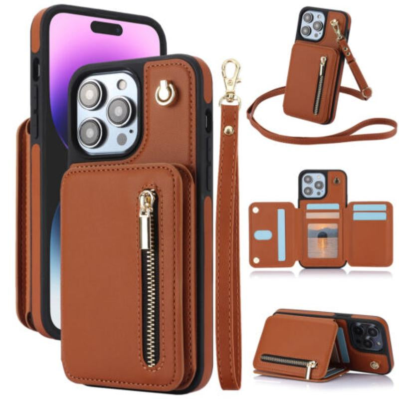 [Free Shipping] Crossbody Wallet Case for Iphone 16 15 14 13 12 11 Pro Max, Flip Kickstand Case with RFID Blocking Card Slots Holder, Zipper Handbag Phone Case