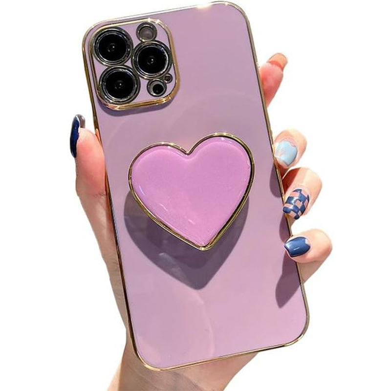 Cute Case for Iphone 15 Pro Max 6.7'', Phone Case with Heart Holder Stand Kickstand Soft TPU Shockproof Protective Cover, Luxury Plating Bumper Case for Girls Women (Pink)