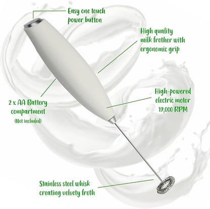 Handheld Milk Frother Matcha Whisk - Maker for Lattes - Matcha Green Powder - Coffee - Drink Mixer - Cappuccino - Frappe - Hot Chocolate - Matcha Electric Whisk (White)